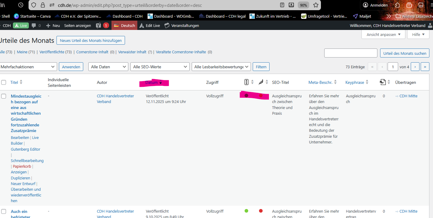 Yoast SEO Indikatoren in der Übersicht nicht aktuell